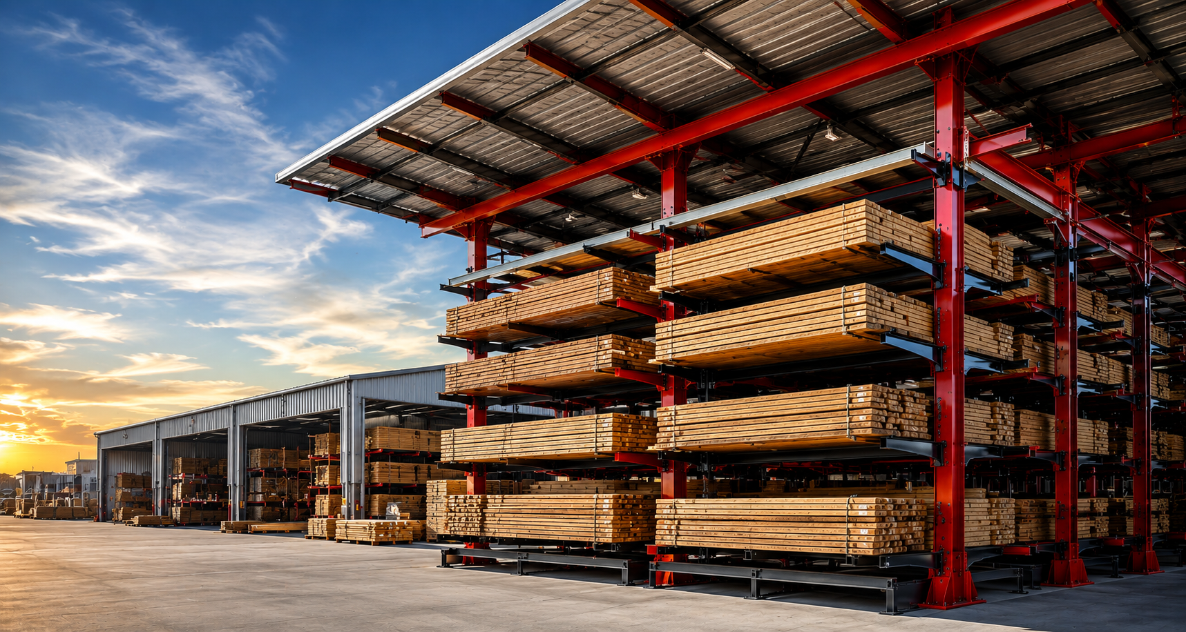 Auto-Stak cantilever lumber storage system with covered racking and stacked lumber at a commercial building supply yard.